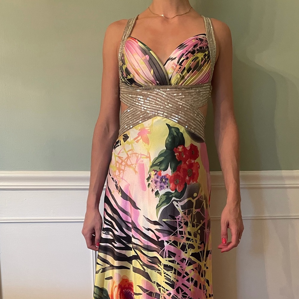 PROM DRESS beaded yellow printed gown